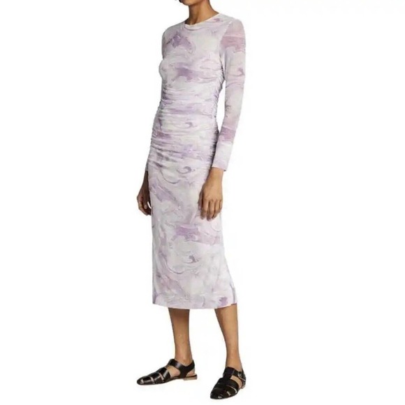 Ganni Marble-Print Mesh Rushed Midi Dress Size 44, New - Picture 1 of 6